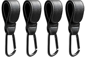 DEIHAALEN 4 Pcs Leather Stroller Hook, Mommy Stroller Clip, Stroller Accessories Organizer Hook, Metal Hook for Strollers/Walkers/Mobility Scooter/Wheelchair/Rollator(Black)