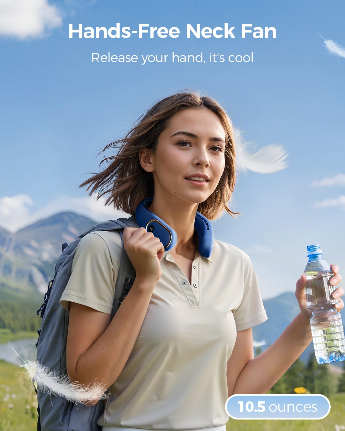 SHEWIND Portable Neck Fan - Hands Free Personal Fan, Rechargeable Bladeless Fan with 5000mAh-Battery, Digital Display, 4 Speeds, Birthday Gifts for Men, Women, Mom, and Dad - Blue