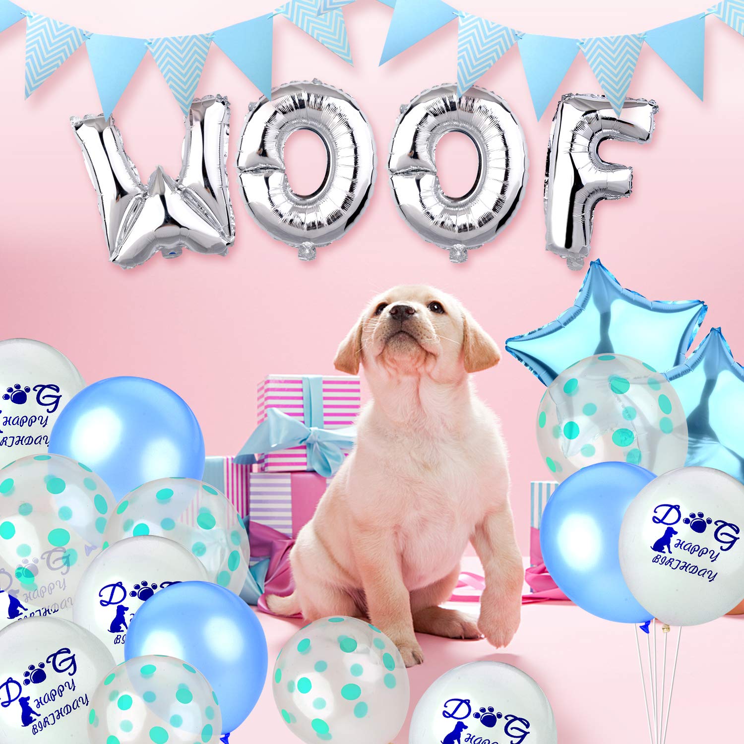 Legendog 24Pcs Dog Cat Birthday Party Supplies, Dog Boy Birthday Party Decorations, Dog Cat Birthday Party WOOF Letters Balloons, Happy Pet Birthday Party Kit (Blue)