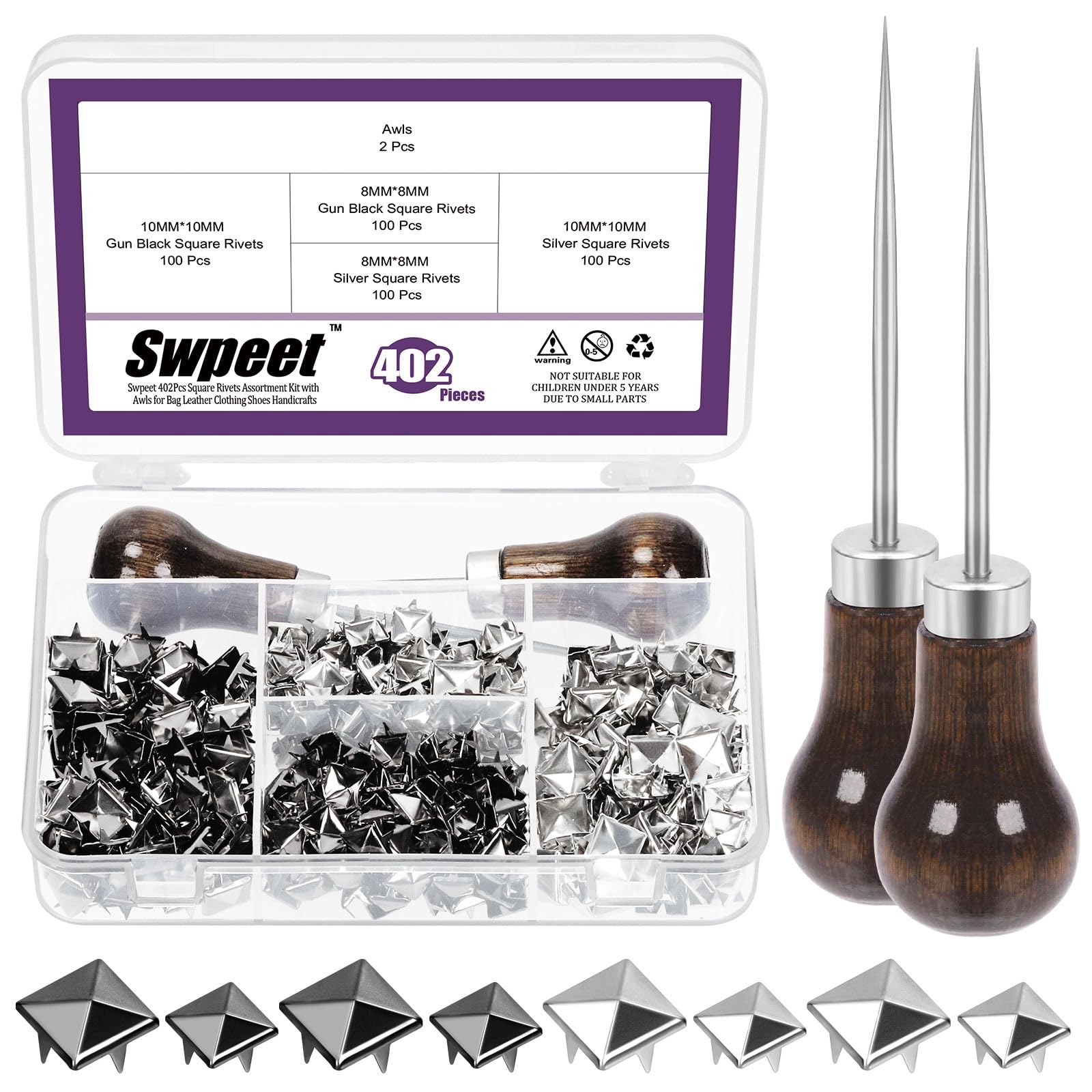Swpeet 402Pcs Square Rivets Assortment Kit with 2Pcs Straight Tipped Awls, Spots Studs Square Rivets Metal Pyramid Ideal for Bag Leather Clothing Shoes Rivet Handicraft DIY Punk
