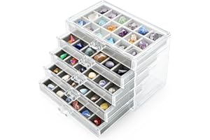 Jucoan Clear Acrylic Rock Display Case, 5 Layer 90 Grids Rock Collection Case with Adjustable Velvet Insert, Mineral Gemstone Storage Organizer Box for Kids Crystals, Rocks Collection