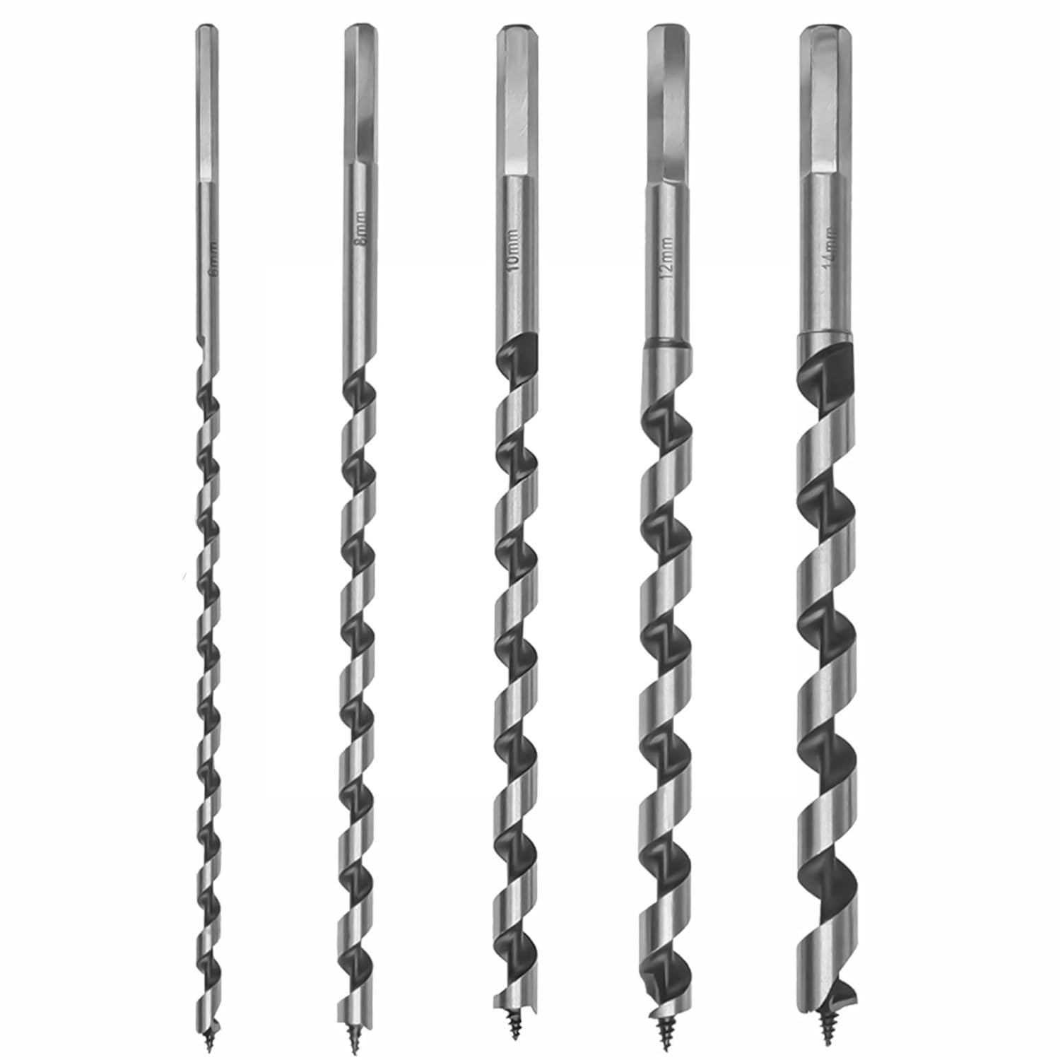 MEEQIAO 5 Pcs High Carbon Steel Drill Bits, 230mm Long, Hexagonal Auger Bit Set 6-14mm for Wood Block Brick Tile, and Plastic
