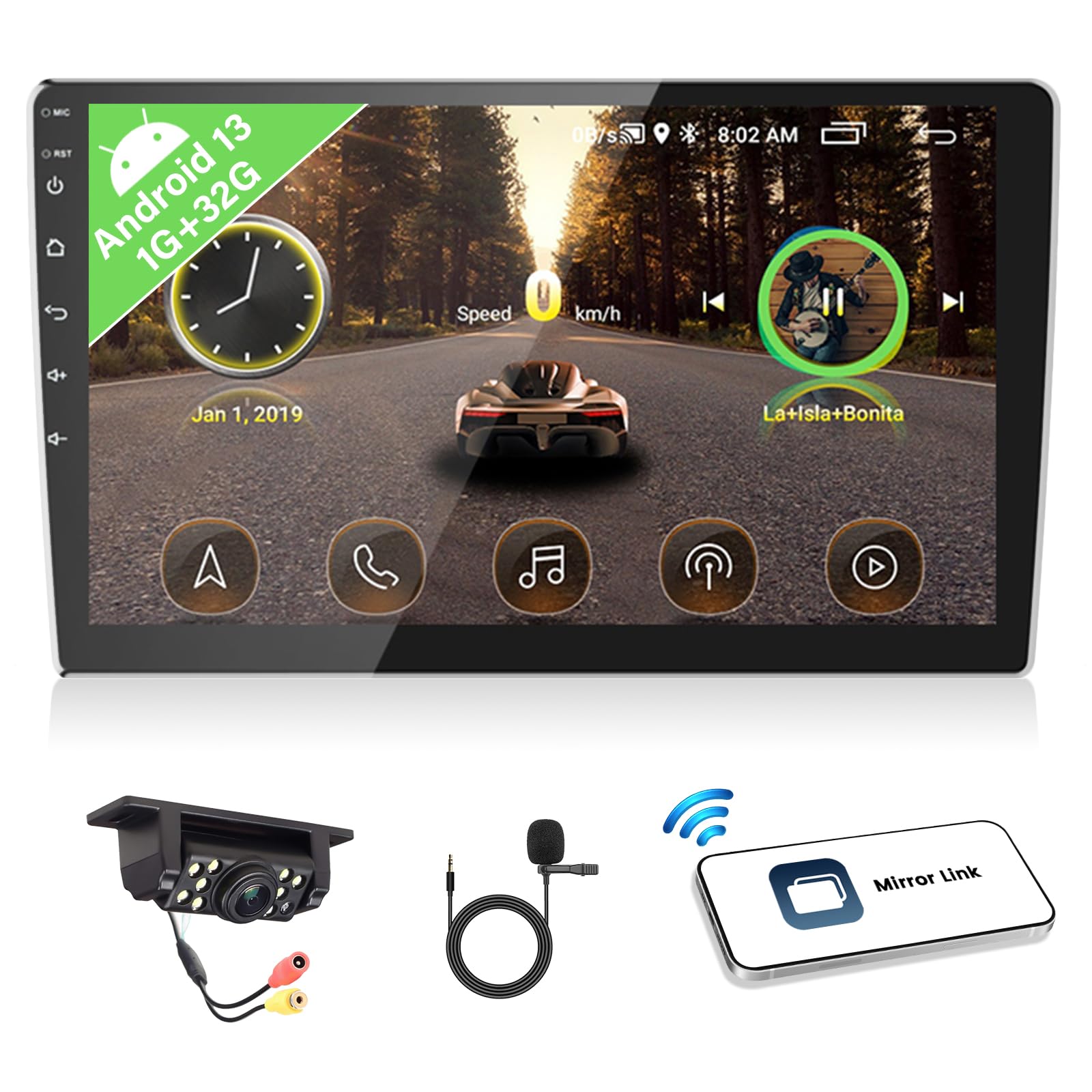 Photo 1 of 1+32G Android Double Din Car Stereo Audio HD 1080P 10 inch Touchscreen in-Dash GPS Navigation Head Unit Support WiFi Bluetooth FM Radio EQ ASP USB Android/iOS Mirror Link + Rear View Camera
