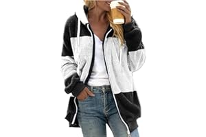 Ollysqiar Winter Coats for Women,2023 Fuzzy Fleece Jacket Hooded Color Block Patchwork Cardigan Coats Outerwear with Pockets