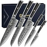 Sunnecko Damascus Kitchen Knife Set 5 Piece, Sharp Chef Knife Set Professional Kitchen Knives Sets Full Tang with Gift Box