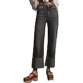 Lesore Womens High Waist Wash Denim Wide Leg Straight Leg Jeans Pants with Cuffed Hem
