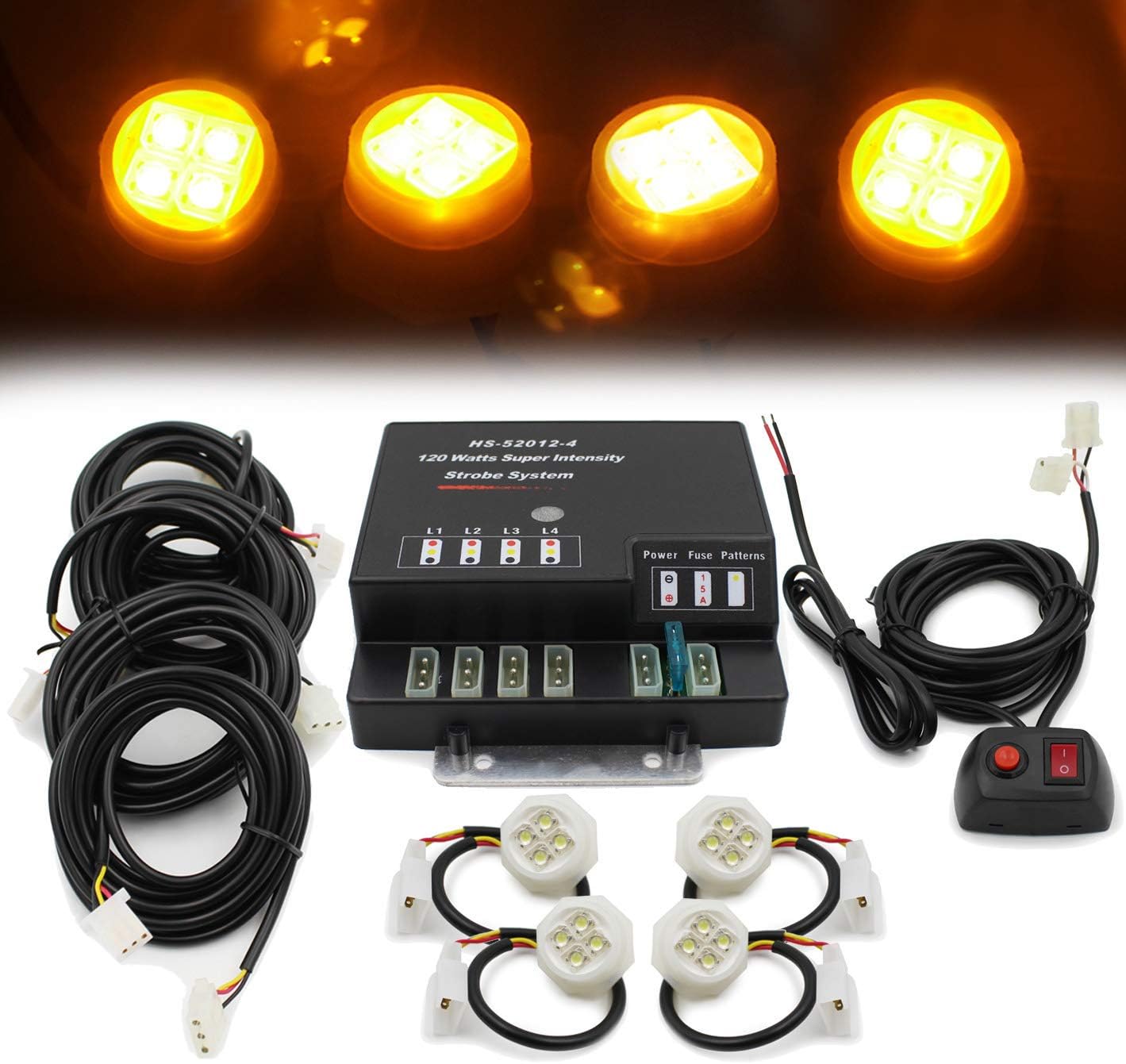 FOXCID LED Hideaway Strobe Lights Kit 6 Flash Patterns Emergency Hazard Warning Headlight for Safety Vehicles Trucks Police Cars Tow Tractor Snowplow- 4 PCs