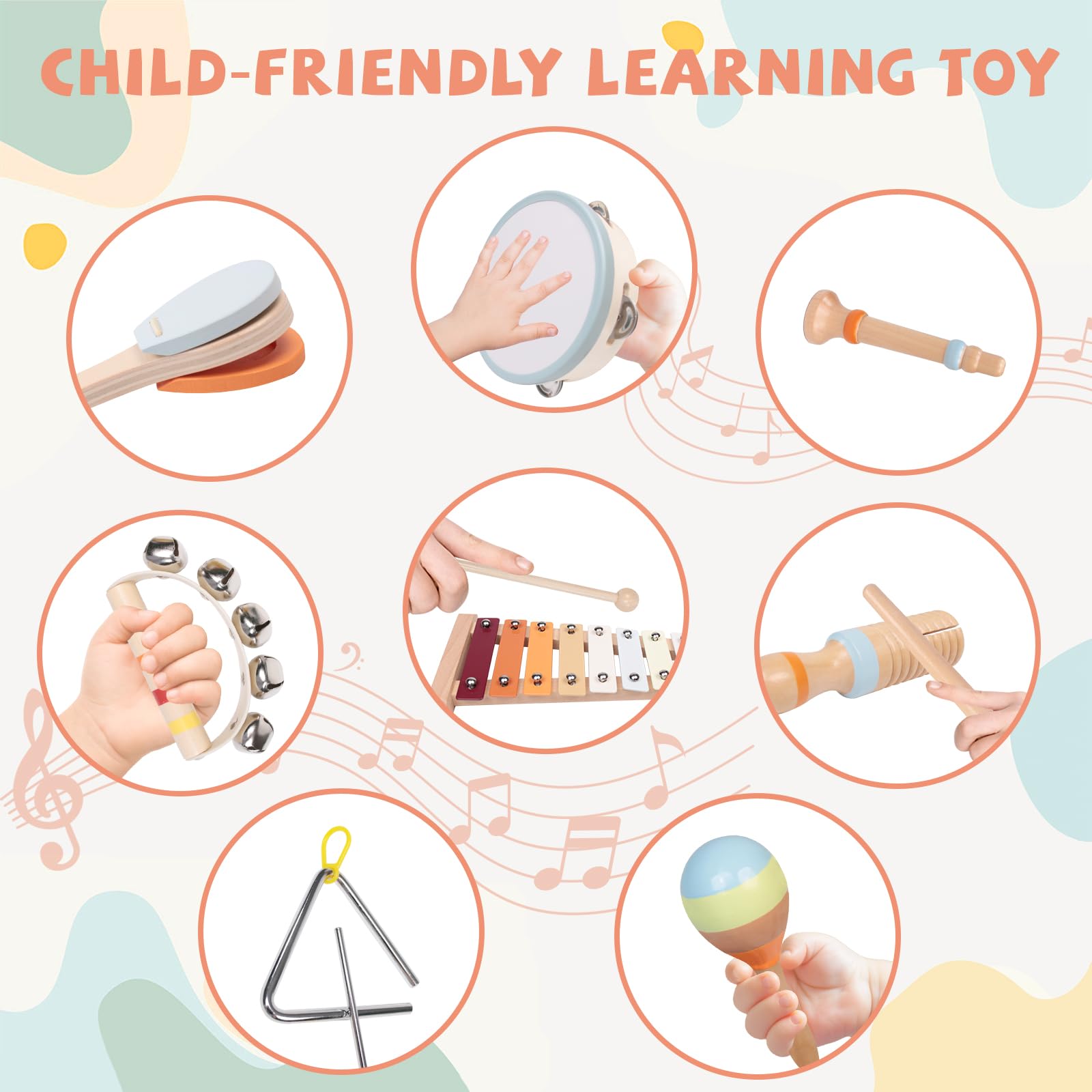 Baby Musical Instruments Set - Montessori Wooden 18 Month Old Baby Musical Toys, Toddler Percussion Instruments Xylophone Maracas Tambourine for Toddlers 1-3, Christmas stocking stuffers Gift for kids