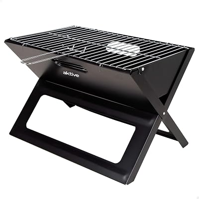 63033 - Barbacoa Portátil y Plegable a carbón de acero Negra y rectangular, Con asa de transporte, Medidas 45x29x30cm, Fácil de montar y transportar, parrilla camping, terraza, balcón