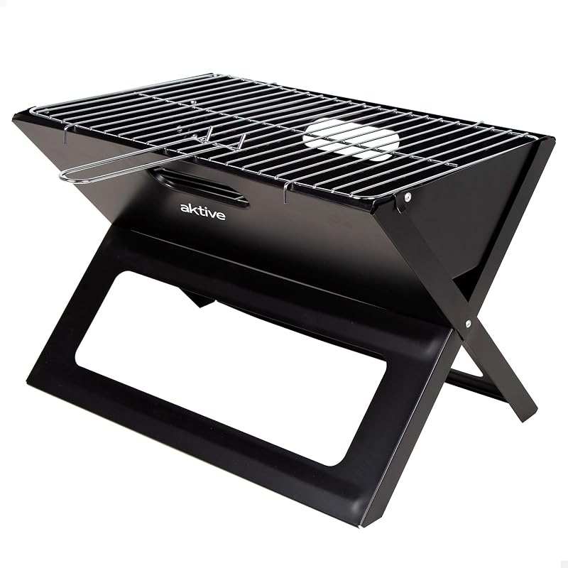 63033 - Barbacoa Portátil y Plegable a carbón de acero Negra y rectangular, Con asa de transporte, Medidas 45x29x30cm, Fácil de montar y transportar, parrilla camping, terraza, balcón