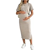 SHENHE Women's Maternity Ribbed 2 Piece Outfits Short Sleeve Crop Top Bodycon Slit Midi Skirt Set