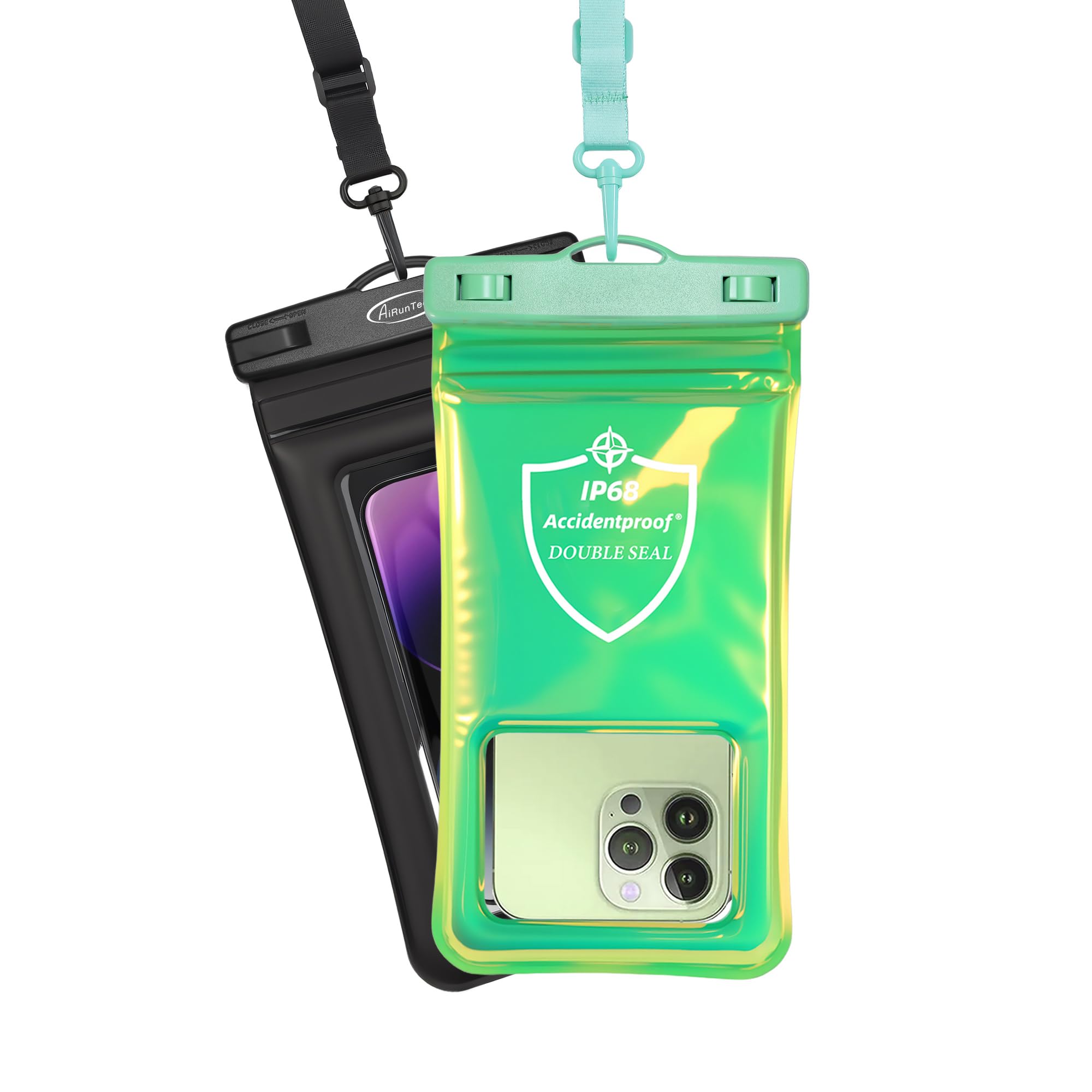 AiRunTech Waterproof Phone Pouch,Floating Waterproof Phone Case with Adjustable Lanyard,Beach,Cruise,Vacation Essentials,Summer Travel Phone Protector-2 Pack(Green + Black)