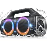 OYW Outdoor Bluetooth Speaker: 80W Peak, 20H, IP67 Waterproof Wireless | Loud Boombox Speakers Deep Bass TWS Pairing - Portable Handle with Party Flash Lights for Pool Beach Backyard Patio Black