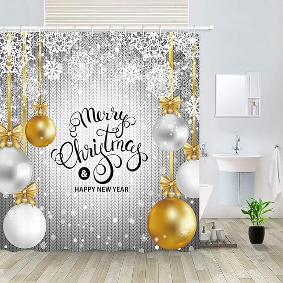 DYMH Merry Christmas Shower Curtain, Gold White Silver