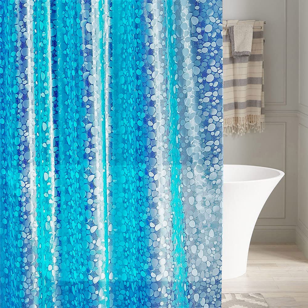 LEMON CLOUD Shower Curtain 180x200cm Blue Cobblestone Pattern Mould Proof Resistant PEVA Waterproof Weighted Hem Bathroom Curtains with 3 Magnets with 12 White Plastic Hooks