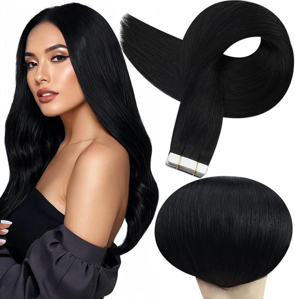 Full Shine Tape in Hair Extensions Human Hair, Jet Black 18 Inch 50G 20Pcs | Remy Black Human Hair Extensions, Seamless Invis