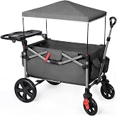 EVER ADVANCED Foldable Wagons for Two Kids &amp; Cargo, Collapsible Folding Wagon Stroller with Adjustable Handle Bar,Removable Canopy with 5-Point Harness,Black