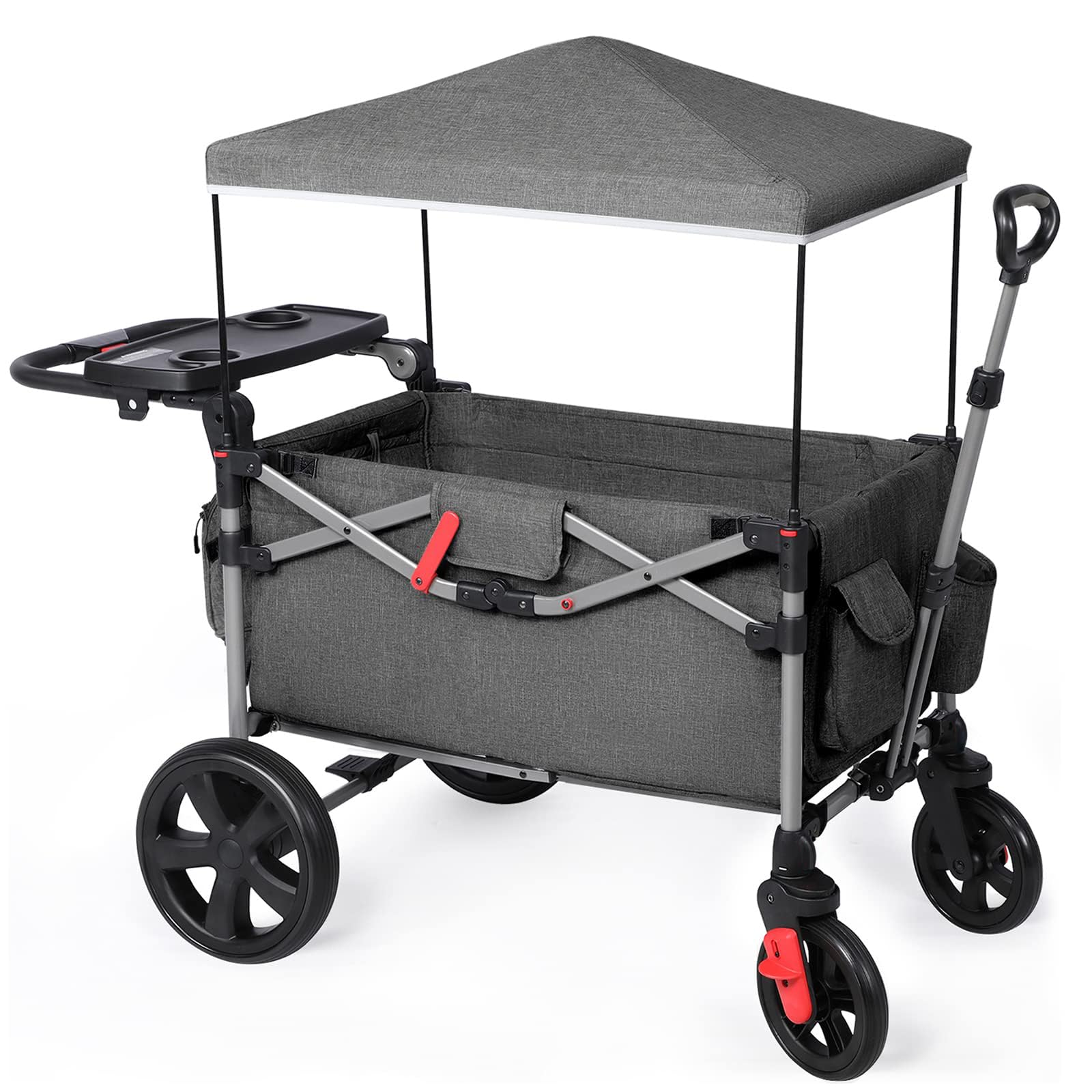 EVER ADVANCED Foldable Wagons for Two Kids & Cargo, Collapsible Folding Wagon Stroller with Adjustable Handle Bar,Removable Canopy with 5-Point Harness,Black Image