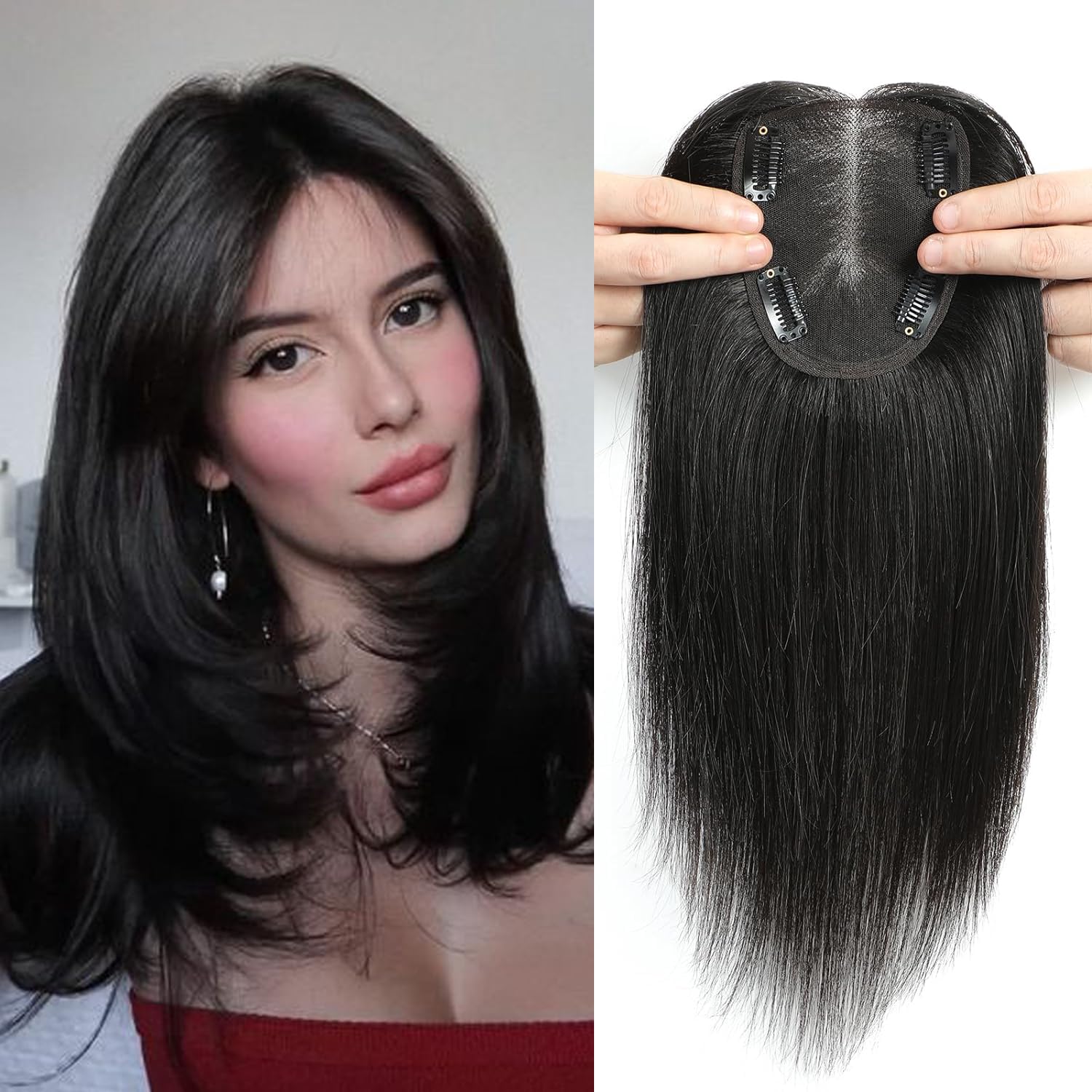 Hair Toppers for Thinning Hair Women Real Hair 100% Human Hair Topper 10 * 12 cm Larger Swiss Base Hair Toppers for Women Human Hair Wiglet Hair Pieces 12 Inch Natural Black