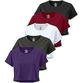 Real Essentials 5 Pack: Women's Dry-Fit Crop Top Short Sleeve Shirts Workout Gym Cropped Athletic Tee (Available in Plus)