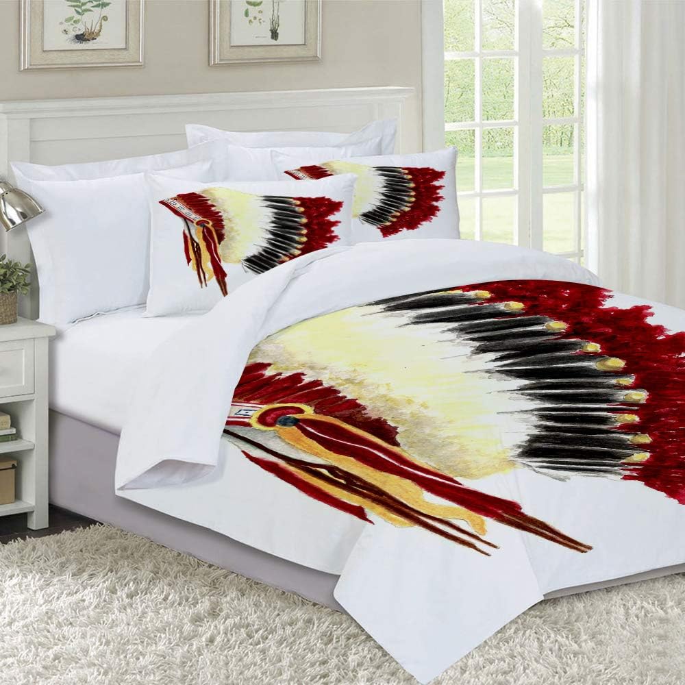 Duvet Cover SetBedding,Native American Original Ethnic Symbolic Mystic Eagle Feather Headdress