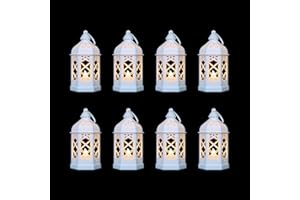 Reperla 8-Pack Mini Lanterns for Wedding,Halloween,Christmas, Small Decorative Lanterns with Flickering LED Candle for Baby Shower Party, Moroccan Lantern for Table Centerpiece, Medieval Decor, White