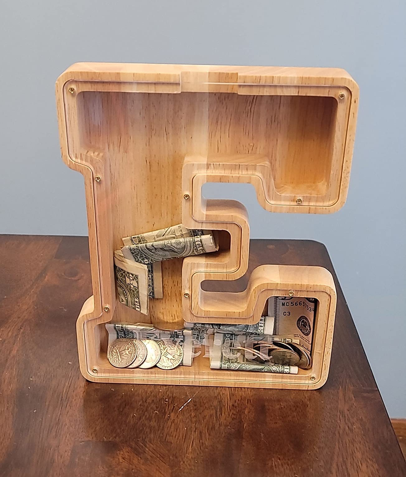 SummiDate Wooden Letter Piggy Bank for Kids| Piggy Bank for Boys Girls Toddler| Alphabet E Money Bank| Wood Coin Bank Personalized Birthday Easter Gift for Kids (E)