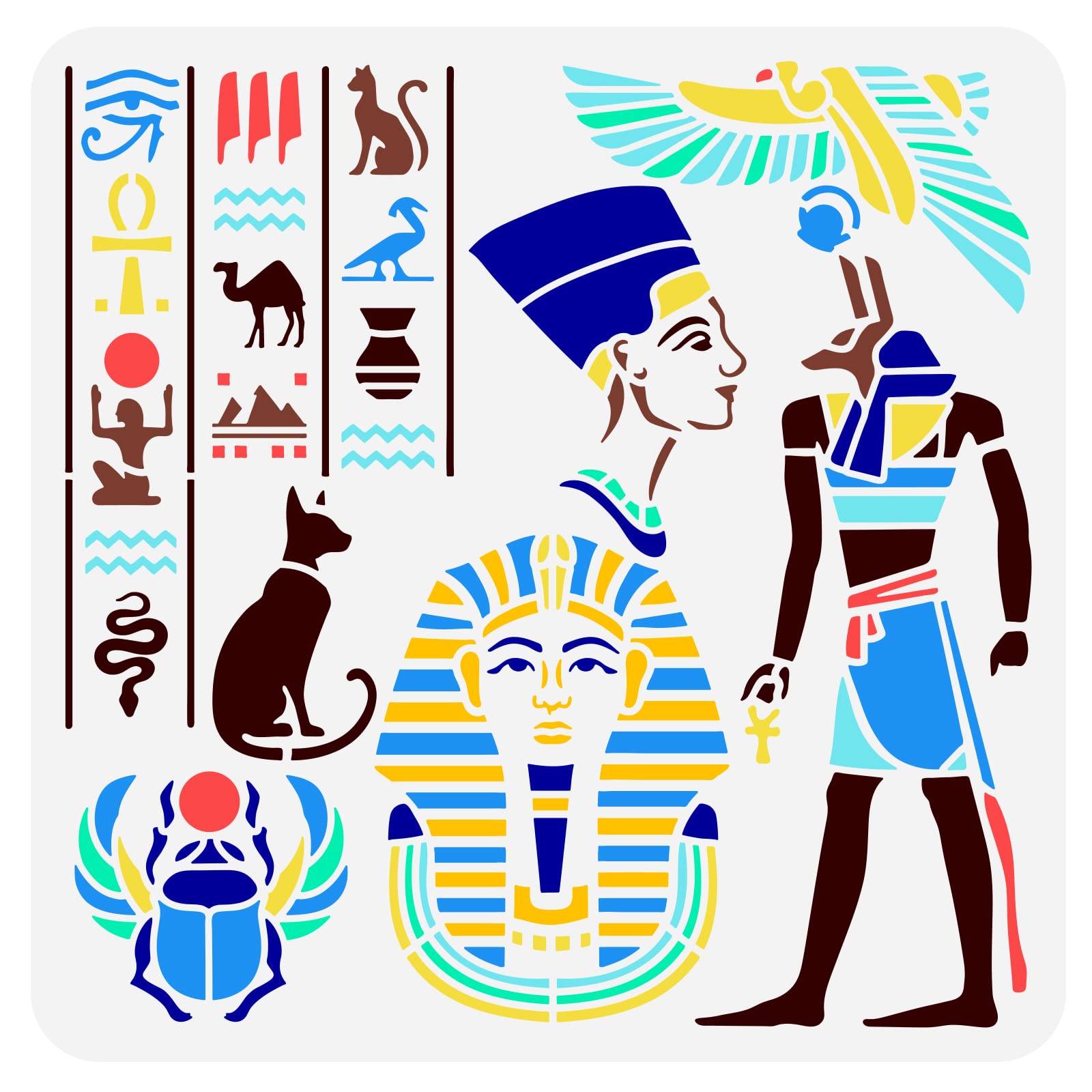 FINGERINSPIRE Egyptian Hieroglyph Stencil 30x30cm Hollow Out God Anubis Egypt Scarab Craft Stencil Reusable Snake Dog Camel Big Birds Egyptian Symbol Drawing Template for Home Art Decor