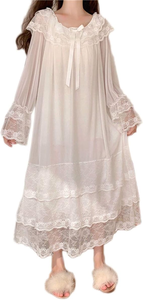 Amazon レディース ネグリジェ パジャマ F レースフリル ホワイト ルームウェア 長袖 ロング丈 お姫様気分に 白 ルームワンピース 部屋着 ナイトウェア スリップウェア プリンセス 甘い 寝間着 レディースネグリジェ ワンピース ルームワンピース ネグリジェ 通販