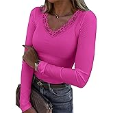 LUXVEER Long Sleeve Shirts for Women Lace V Neck Ribbed Fitted T-Shirt Dressy Business Casual Blouses 2026 Trendy Fall Tops