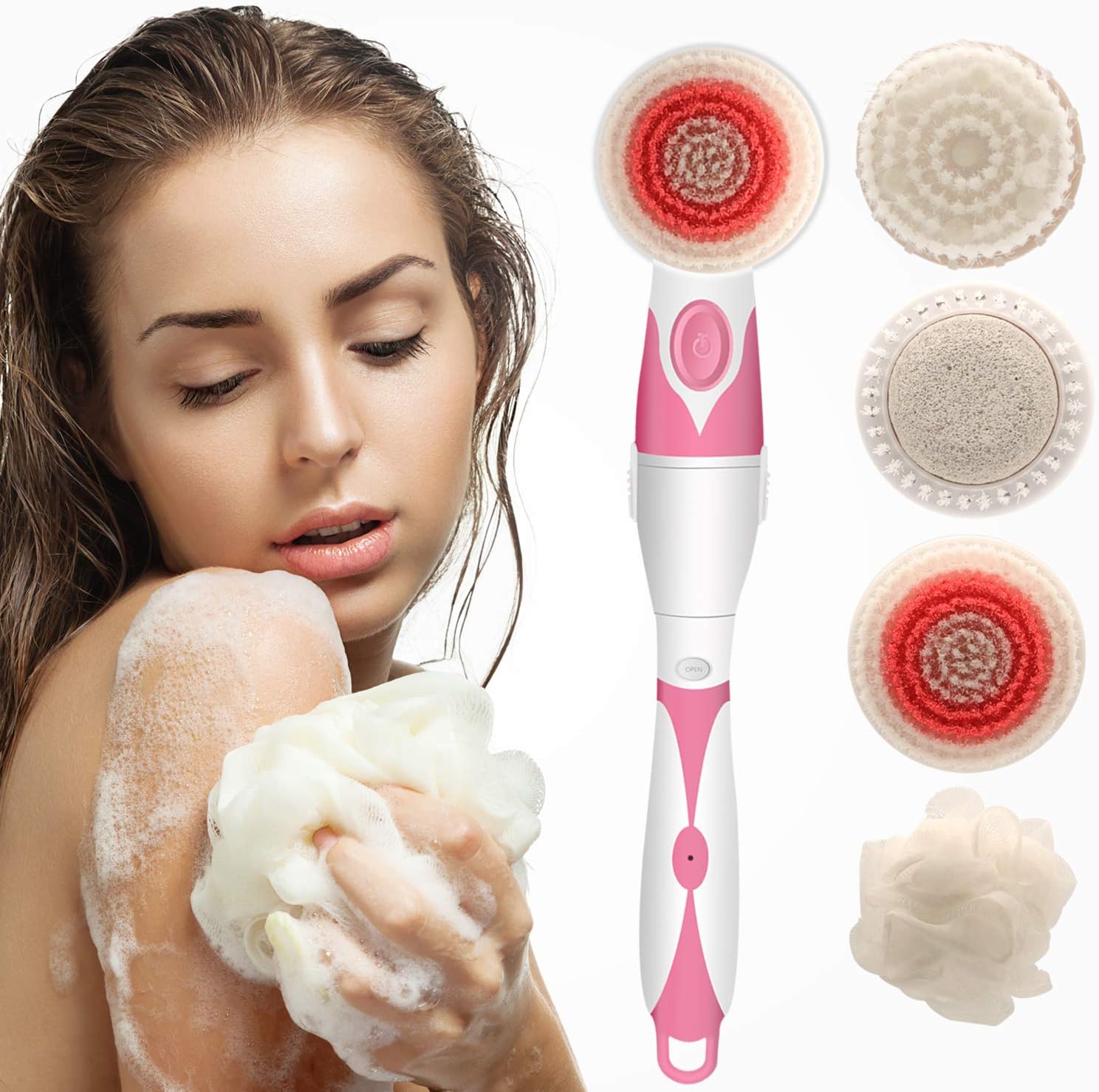 Electric Waterproof Exfoliating Shower Brush,Body Cleansing Brush Kit with Handle and 4 Brush Heads - 4 in 1 Advanced Spin Brush Microdermabrasion Scrub System …