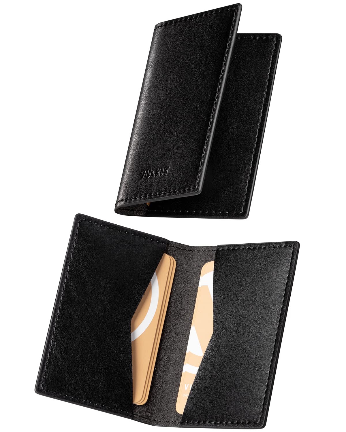 VULKIT Leather Business Card Holders Bifold Ultra Slim Business Card Holder Organizer for Men or Women Up to Hold 20 Business Cards, Black