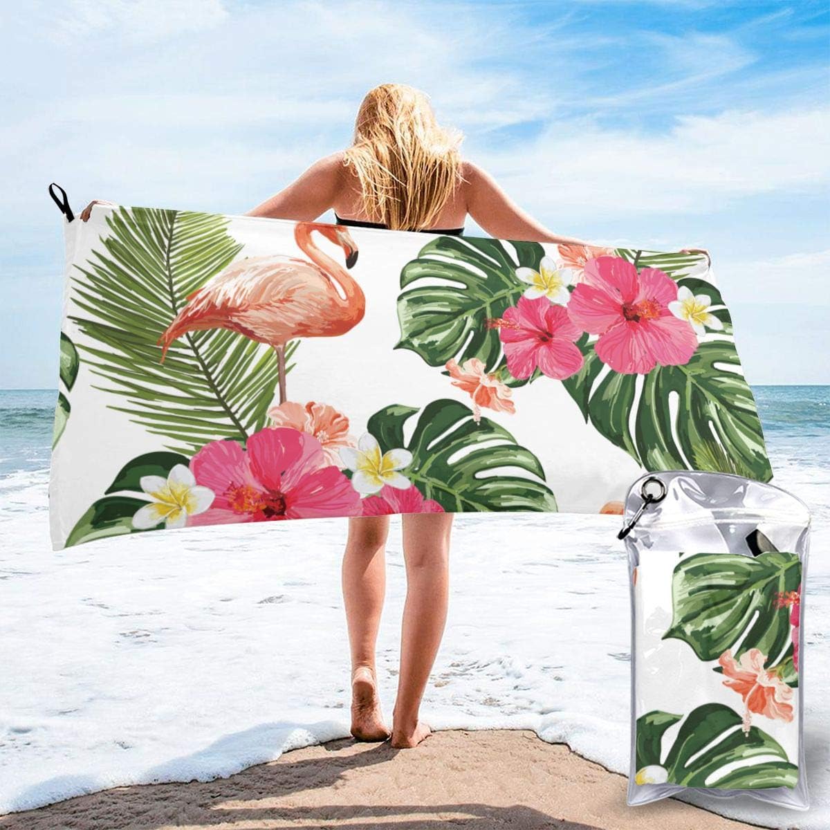 Quick Dry Beach Bath Towel,Pink Palm Summer Tropical Pattern with Flamingo Exotic