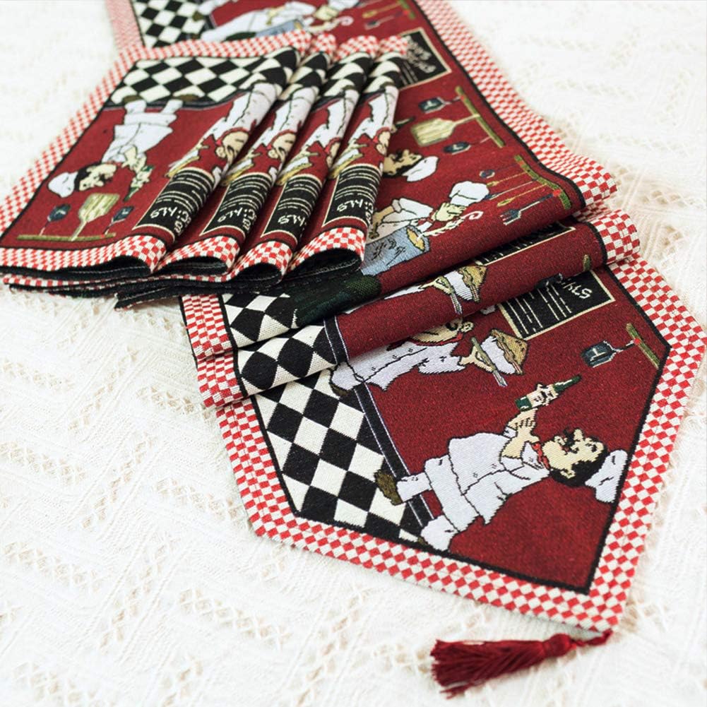 Cheerful Fat Chef Table Runner and Placemat Set - Rustic Style Jacquard Cotton Linen 1PC Table Runner and 4PCs Placemats Value Pack for Indoor&Outdoor Events, Red: Home & Kitchen