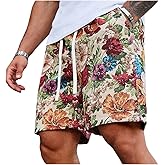 BEAUDRM Men's Floral Shorts Drawstring Waist Summer Vacation Beach Shorts with Pockets