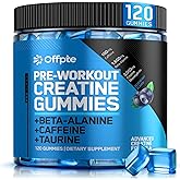 OFFPTE Pre Workout Gummies for Men & Women, PreWorkout with Creatine Monohydrate, Beta-Alanine,Taurine for Strength & Endurance, Energy Chews, Sugar-Free, Vegan, 120 Gummies, Blueberry Flavor