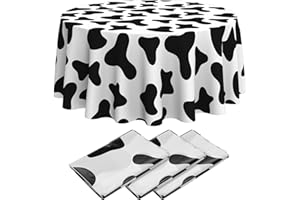 Remagr 3 Pcs Cow Tablecloth Round Print Table Cloths Plastic,84'' Disposable Cow Themed Table Cover for Farm Animal Birthday Party,Picnic,Farmhouse Dining Supplies(Black White)