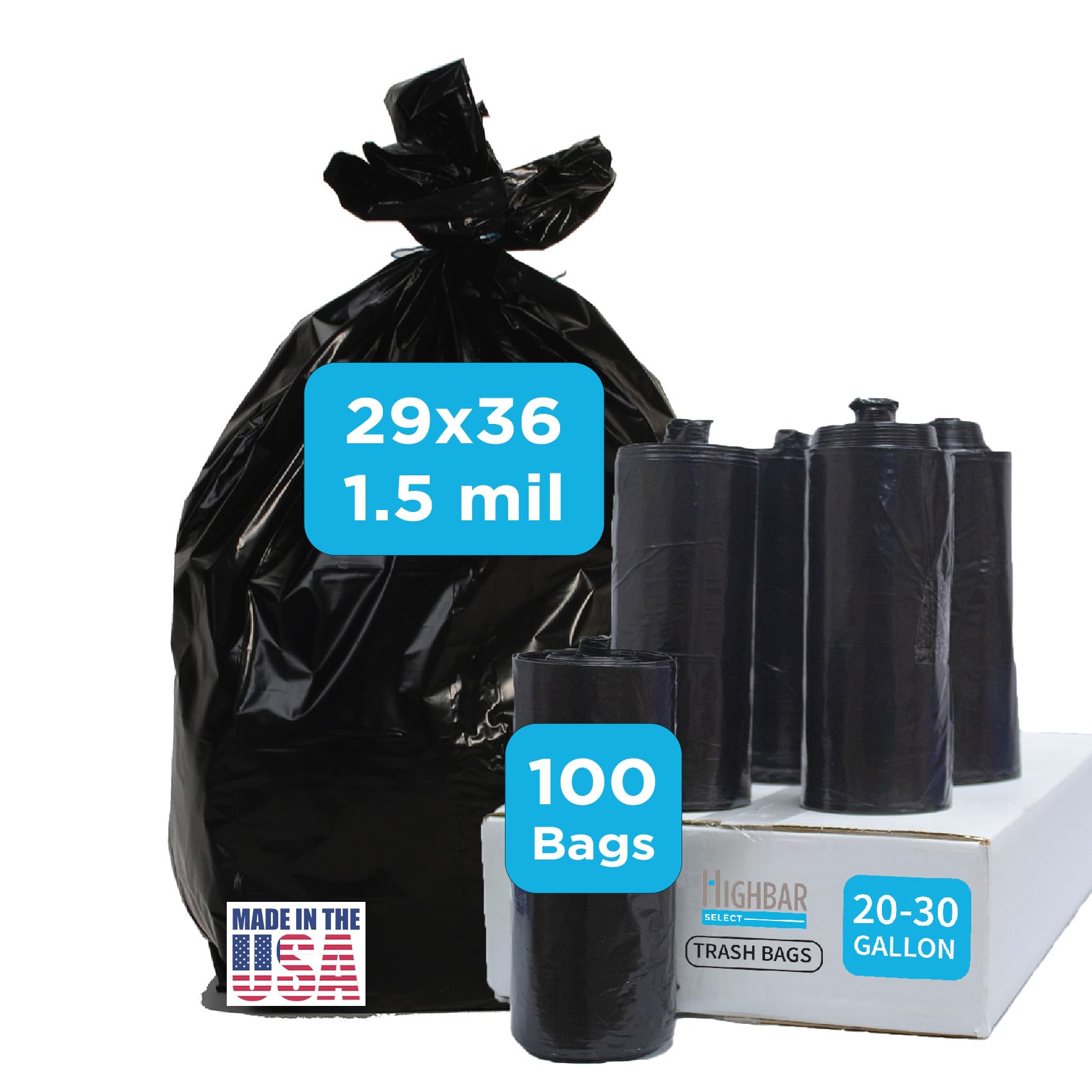Photo 1 of Black Trash Bag, Heavy Duty 20-30 Gallon Bag for Kitchen and Bathroom, Unscented, 1.5 Mil, Commercial Coreless Rolls, Can Liner 29 x 36, Office/Industrial Use, Easy-to-Use, 100 Ct