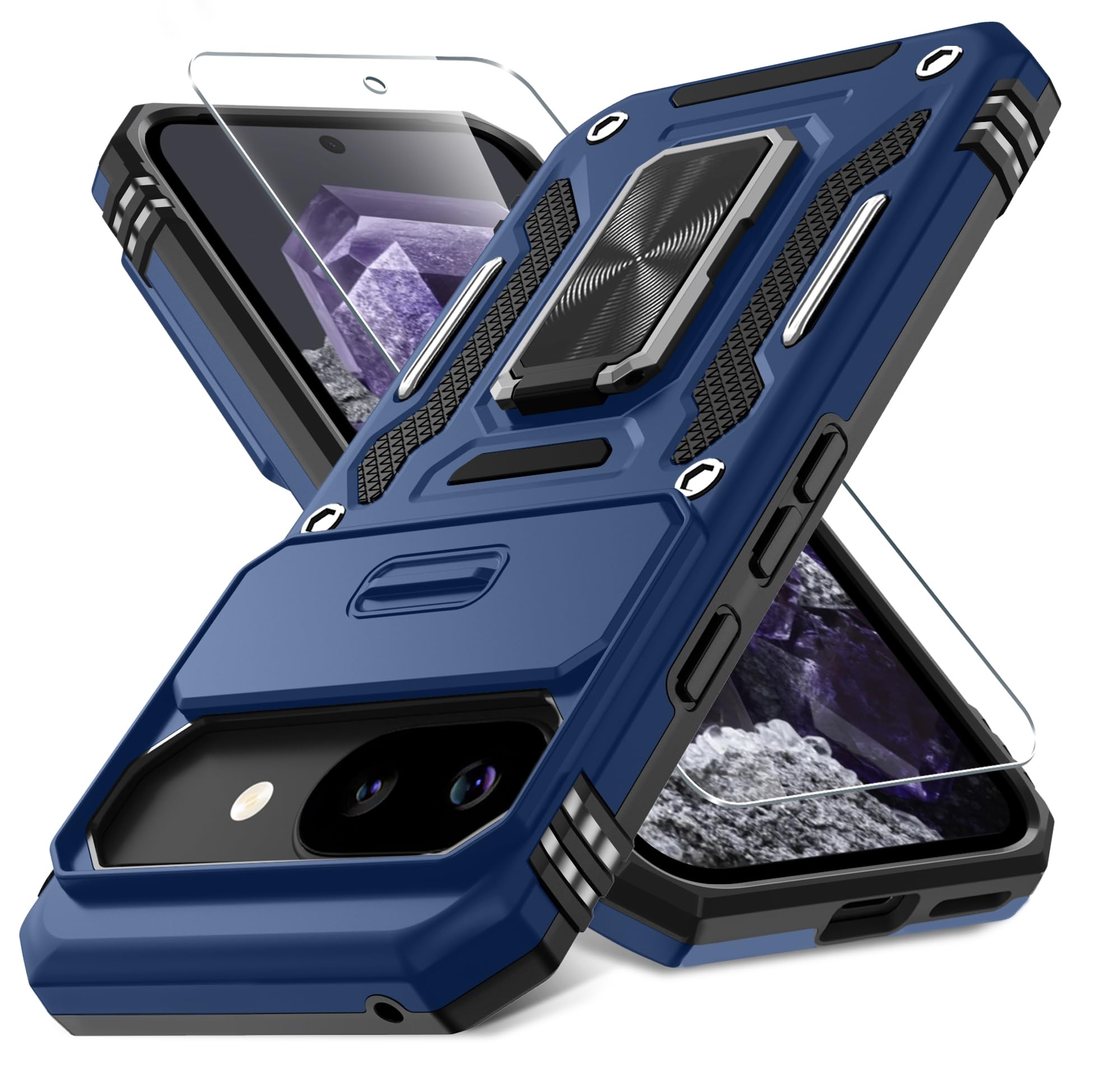 Photo 1 of DEERLAMN Case for Google Pixel 9A with Slide Camera Cover+Screen Protector (1 Pack), Rotated Ring Kickstand Military Grade Shockproof Protective Cover-Navy Blue