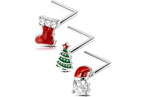 OUFER 3Pcs Nose Studs, Shining Christmas 20G Nose Rings L Shaped Cute Deer Star Tree Silver Stainless Steel Nose Rings Studs Nose Piercing Jewelry for Women Men-7MM