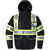 JKSafety 10 Pockets Hi-Vis Waterproof 3M Reflective Winter Bomber Jacket | Black Color | Secured Tablet Pocket | Detachable Hood and Retractable ID Pocket | ANSI Compliant (118-Black, Large)