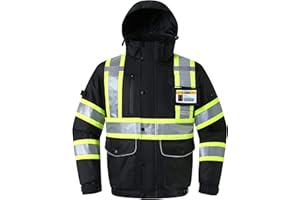 JKSafety 10 Pockets Hi-Vis Waterproof 3M Reflective Winter Bomber Jacket | Black Color | Secured Tablet Pocket | Detachable Hood and Retractable ID Pocket | ANSI Compliant (118-Black, Large)
