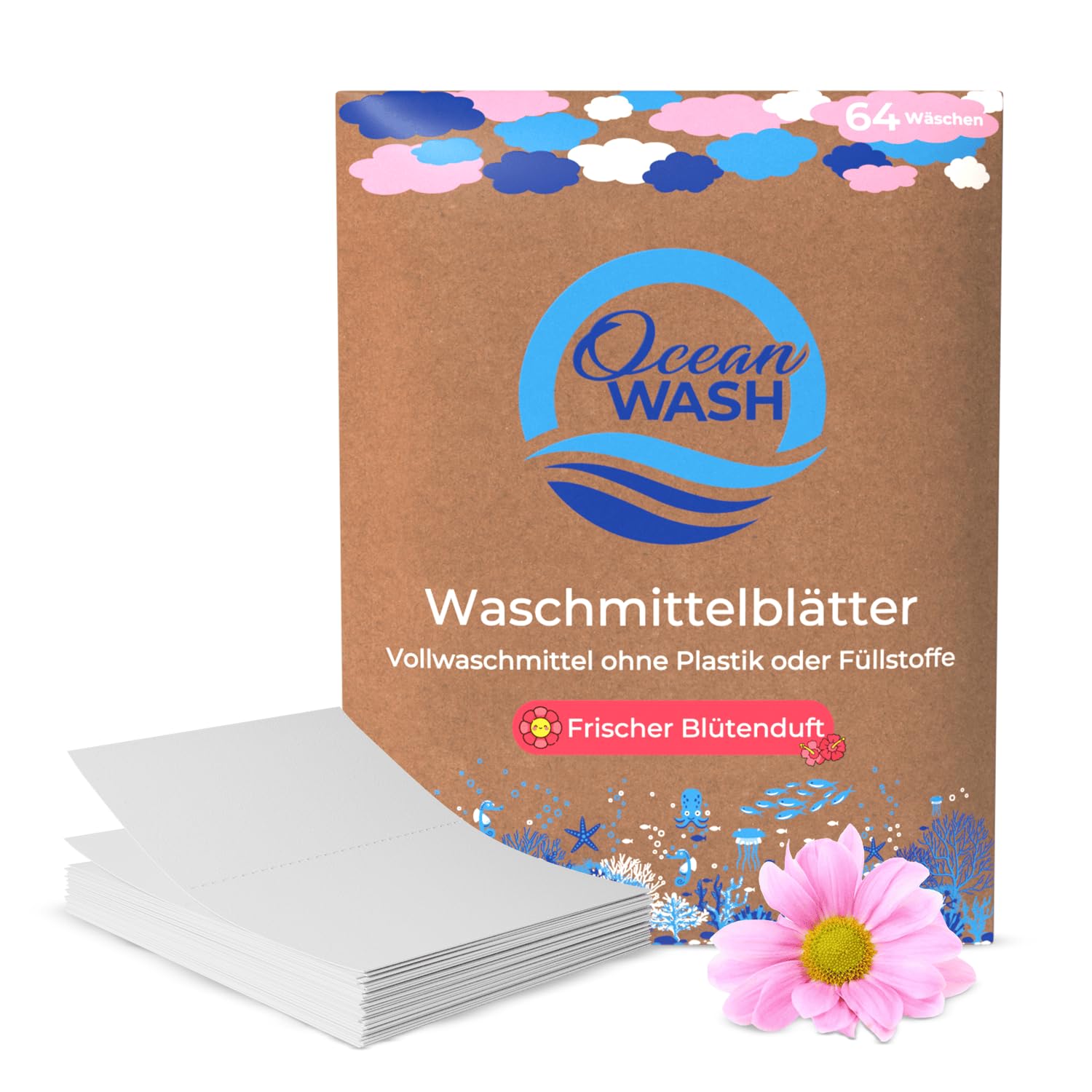 OceanWash Waschmittelblätter Blütenduft, Waschblätter Waschmaschine für alle Textilien und Farben, Waschtücher biologisch abbaubar, Laundry Detergent Sheets Vollwaschmittel, 64 Wäschen