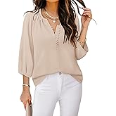 Triratna Womens Blouses Dressy Casual V Neck 3/4 Sleeve Tops Fashion Boho Chiffon Button Down Shirts