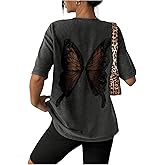 BEAUDRM Women's Butterfly Graphic Oversized Tee Shirt Vintage Cut Out Half Sleeve Crew Neck T-Shirt Going Out Tops