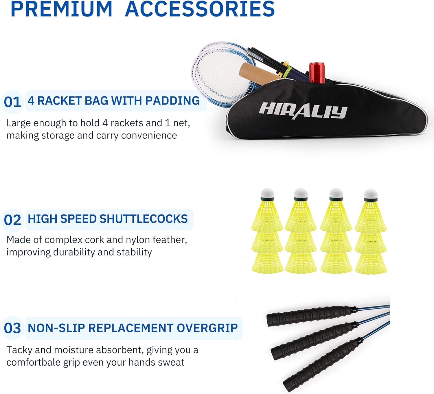 HIRALIY Complete Badminton Set, Badminton Rackets Set of 4 for Outdoor Backyard Games, Includes 1 Portable Badminton Net, 4 Rackets, 12 Plastic Shuttlecocks, 4 Replacement Grip Tapes and 1 Carry Bag : Sports & Outdoors
