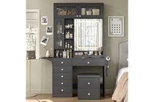 Vanity Desk with Power Outlet, Makeup Vanity with LED Mirror, 3 Color Modes, Brightness Adjustable, Fold-up Panel, Dressing T