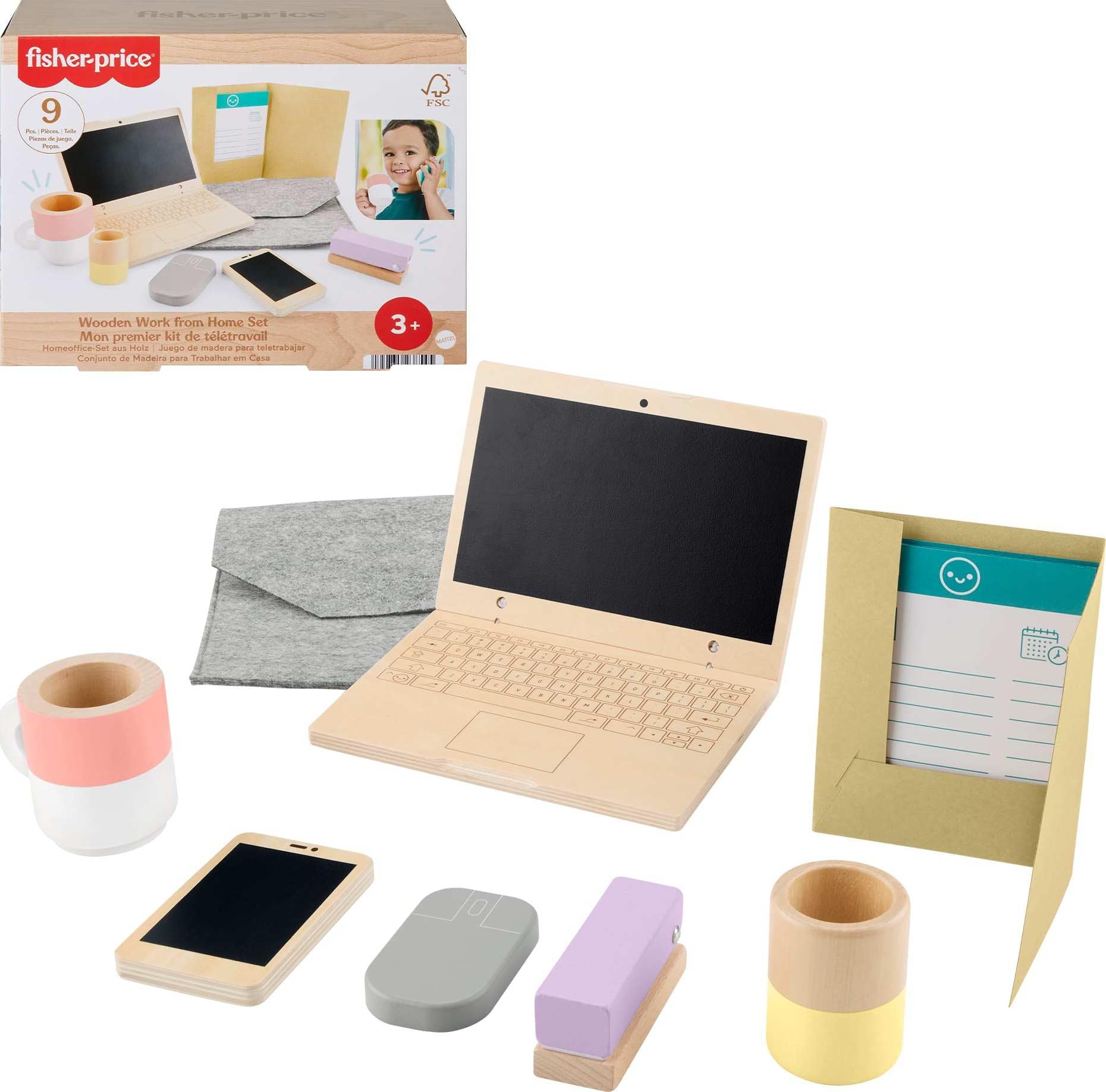 Photo 1 of Fisher-Price Wood Pretend Play Work from Home Set, 9-Piece Office Playset with Wooden Toy Laptop & Phone for Preschool Kids Ages 3+ Years