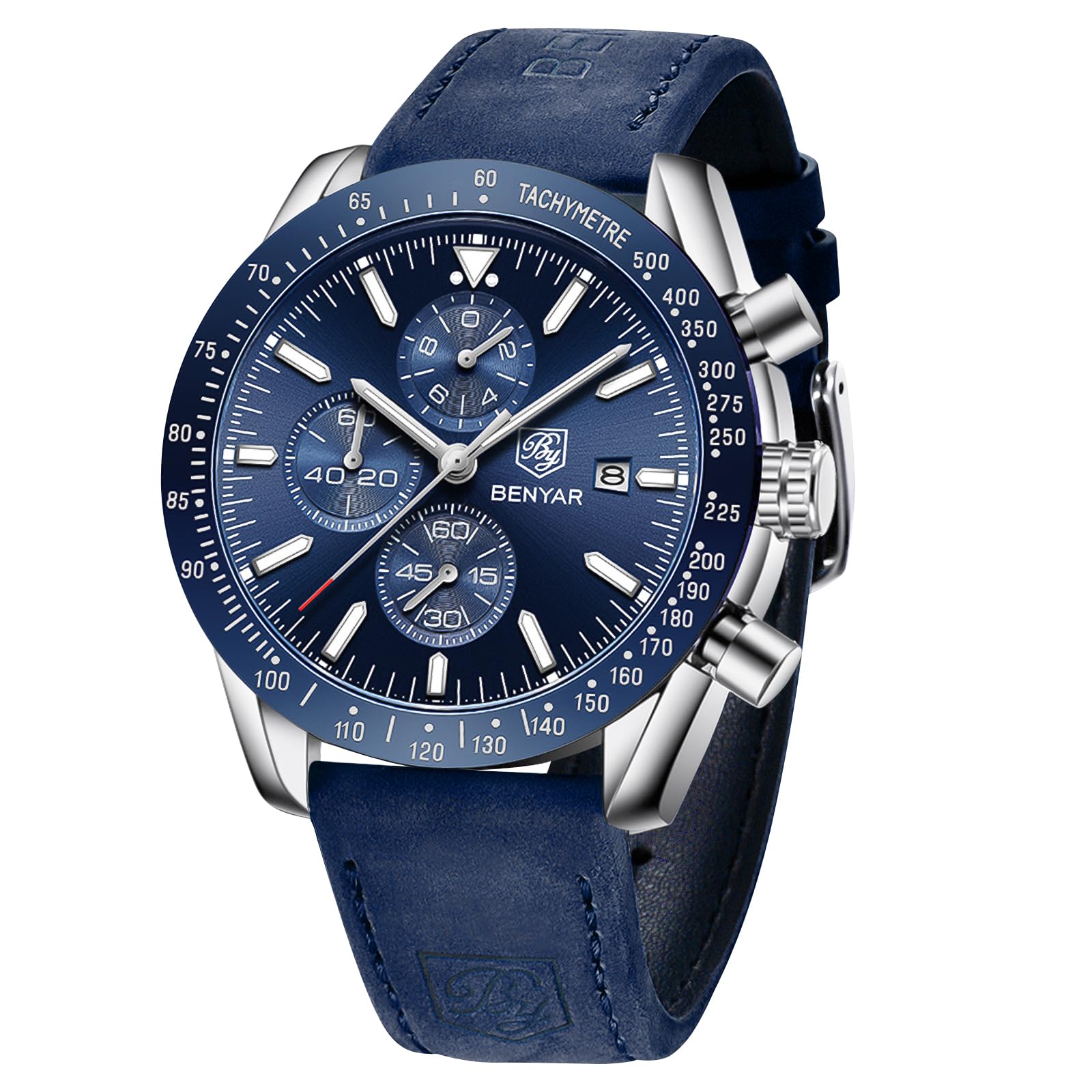 BY BENYAR Watches for Men Analog Quartz Chronograph Waterproof Luminous Designer Mens Wrist Watches Business Work Sport Casual Dress Watch with Leather Band Elegant Gifts for Men
