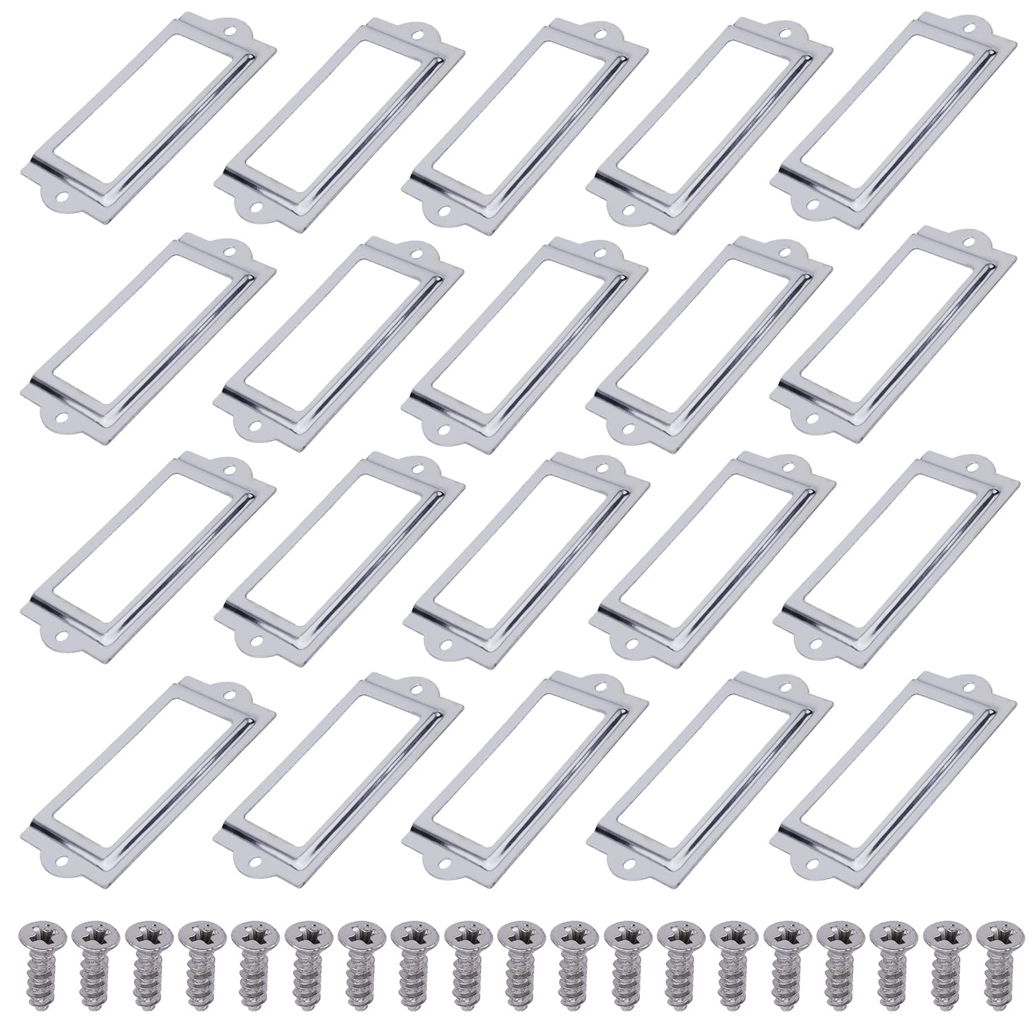 MroMax 3.15"x1.38" (LxW) Stainless Steel Label Frame 80x35mm Tag Name Card Label Holders with M2.5x8mm Mounting Screws for Office Library Furniture Card File Cabinet Silver Tone 30Pcs